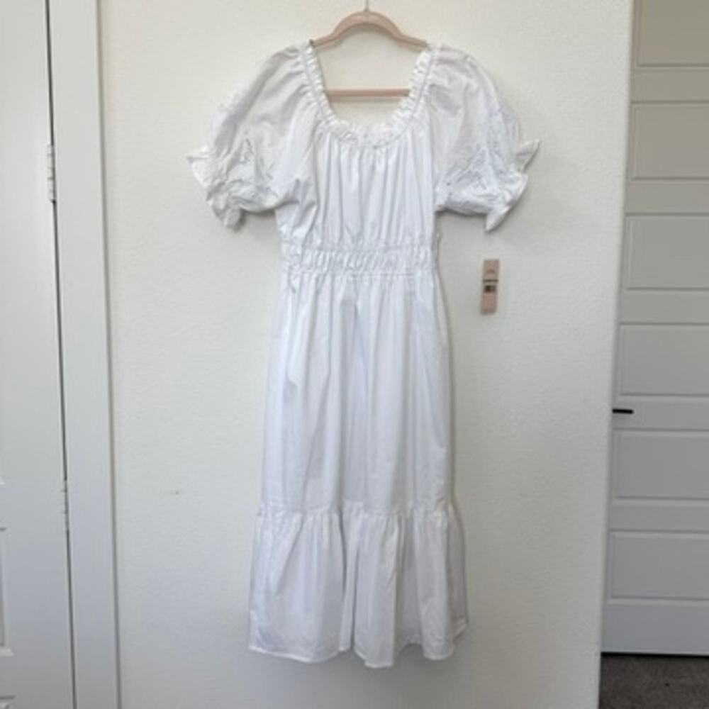 Nanette Lepore White Puff Sleeve Midi Dress Cotton Blend‎ Smocked Waist NWT Sz 8